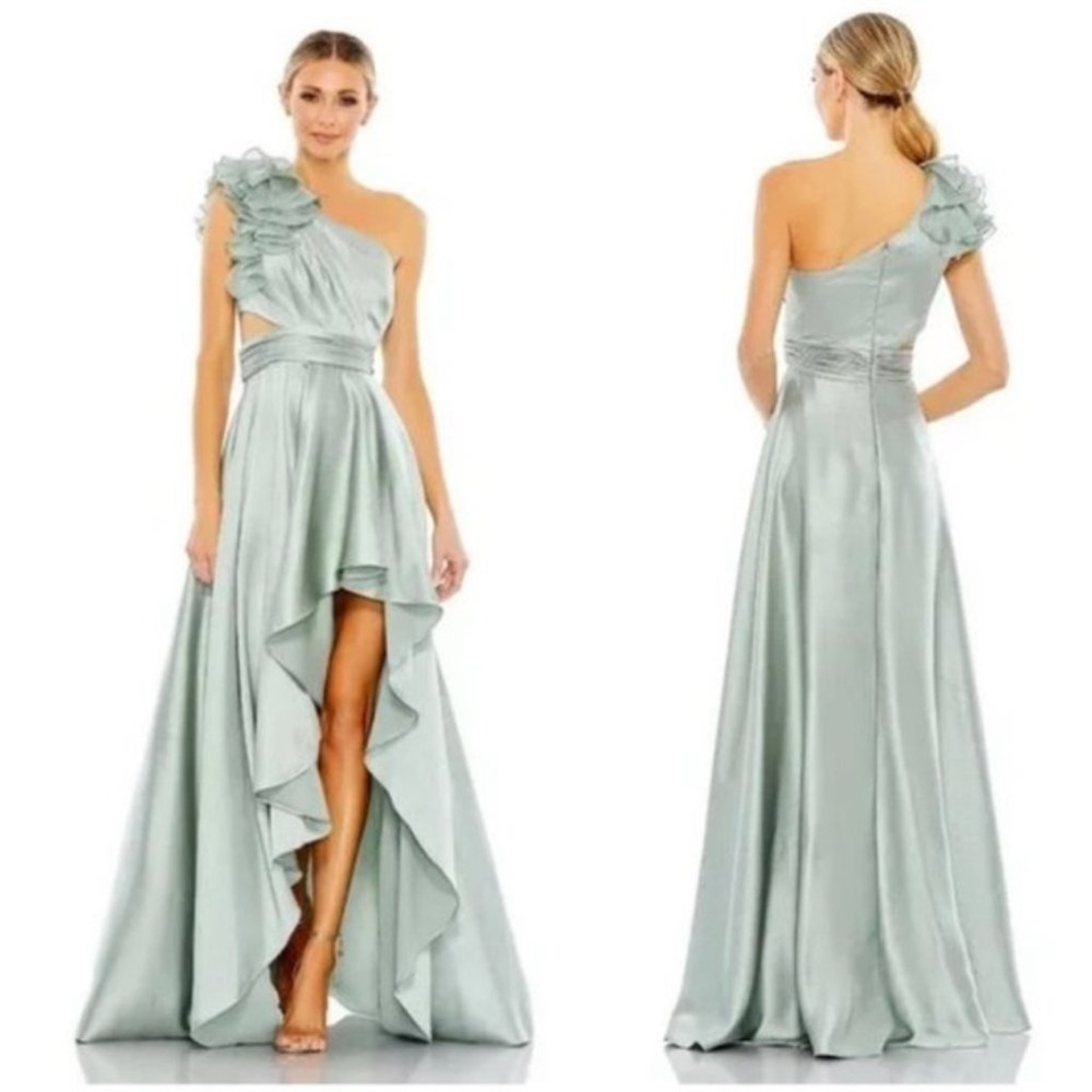 MAC DUGGAL Ruffled One Shoulder Cut Out Hi-Lo Gown in Sage Size US 8